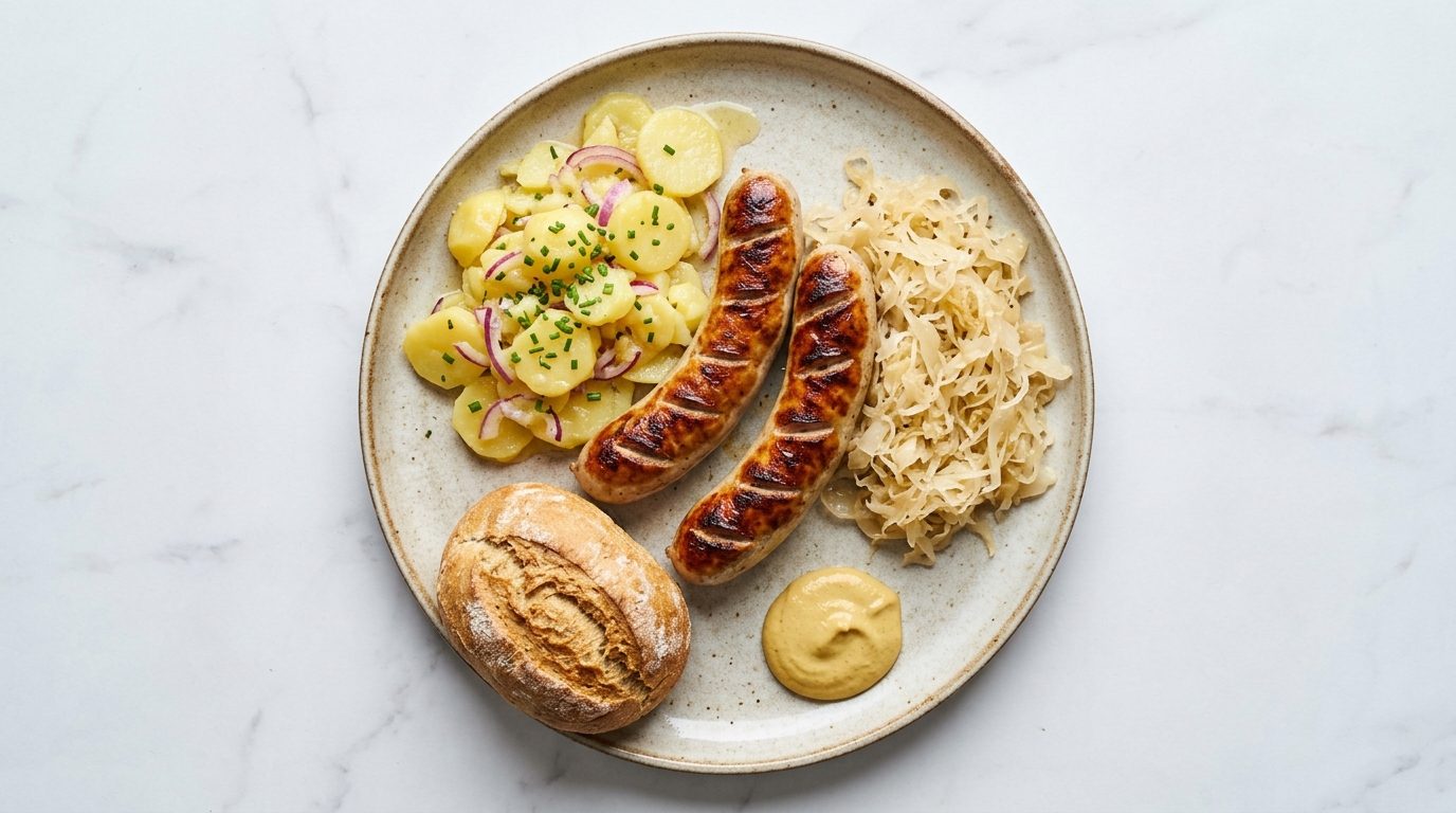 Bratwurst mit Kartoffelsalat und Sauerkraut – Hauptgang