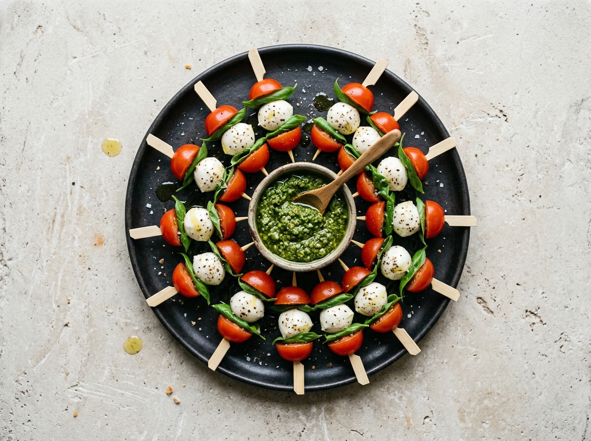 Caprese-Spieße mit Basilikum-Pesto – Vorspeise