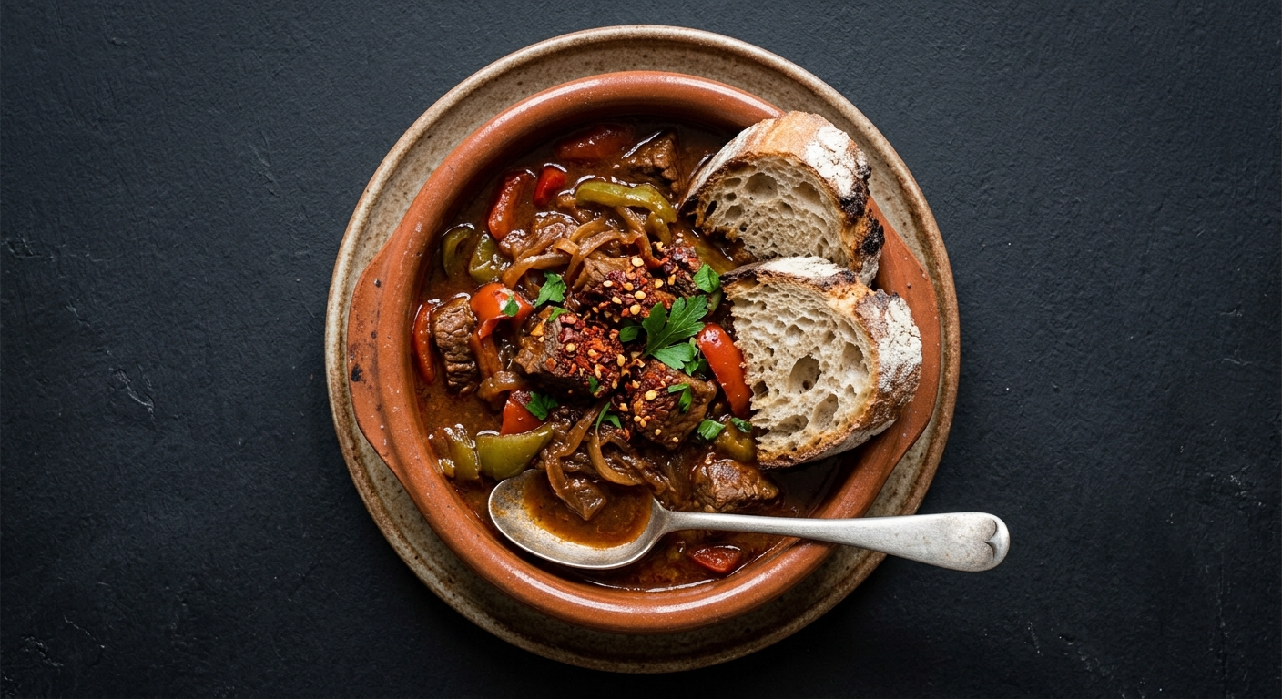 Drachenfeuer-Gulasch mit Brot – Hauptgang