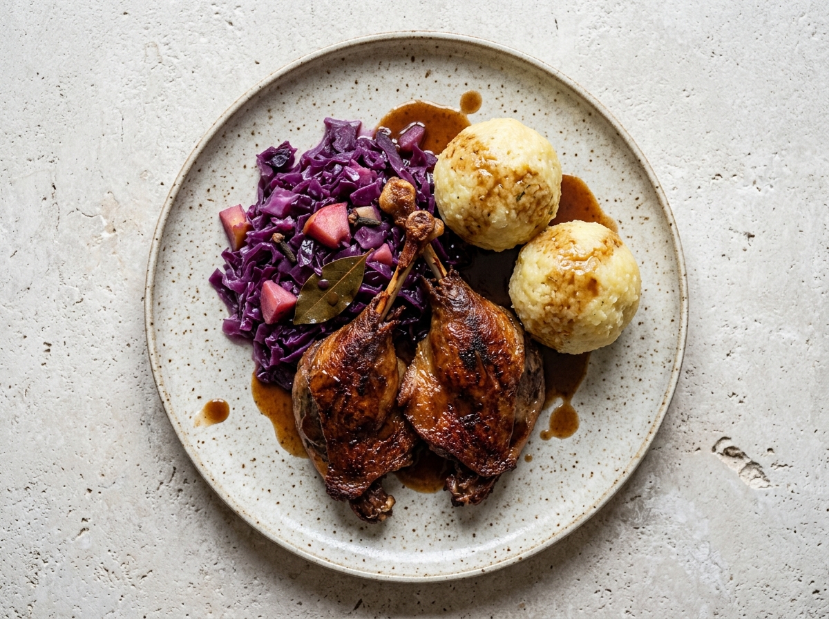 Gänsekeulen mit Apfelrotkohl und Klößen – Hauptgang