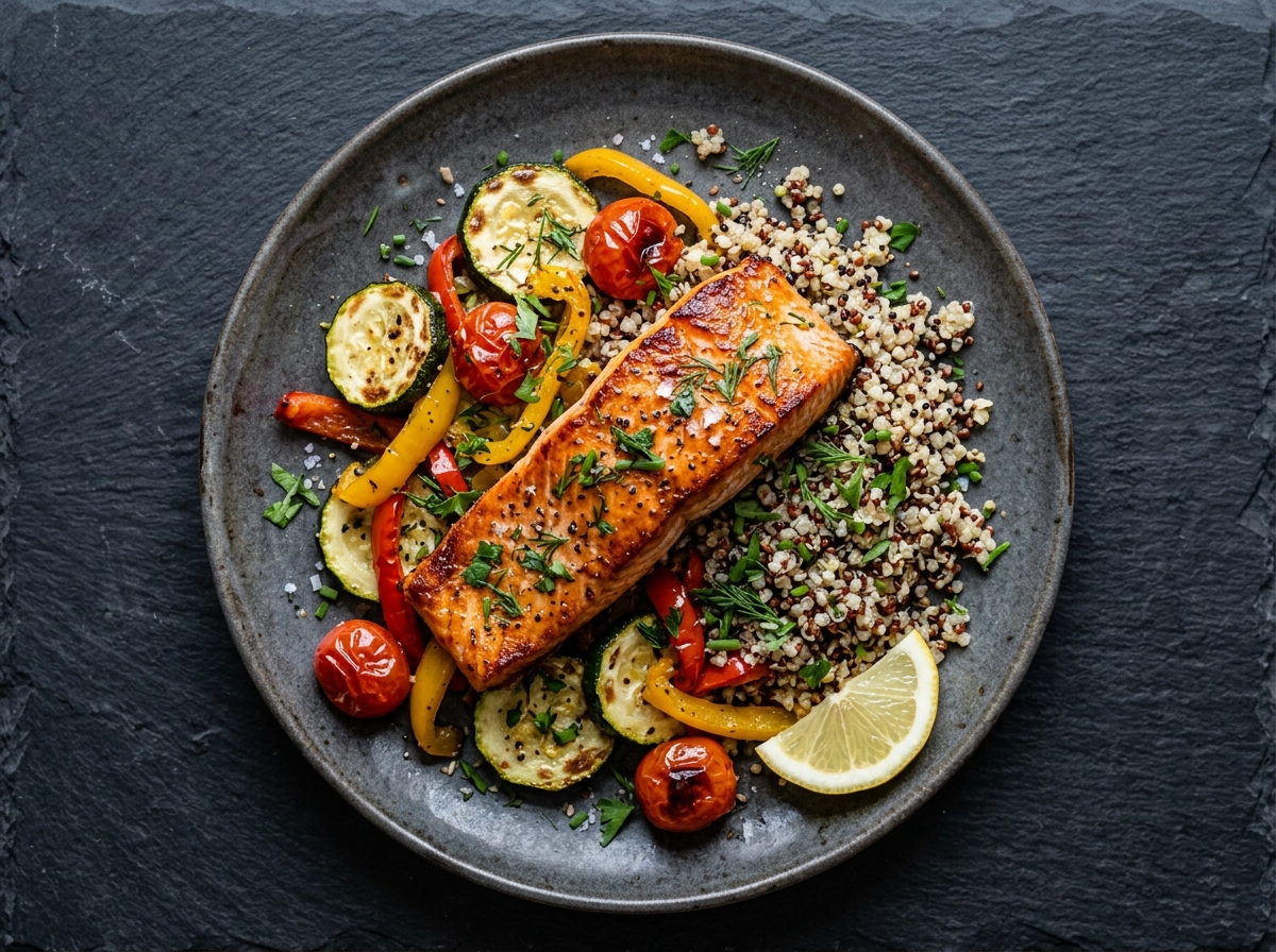 Gebackener Lachs auf Gemüsebett mit Quinoa – Hauptgang