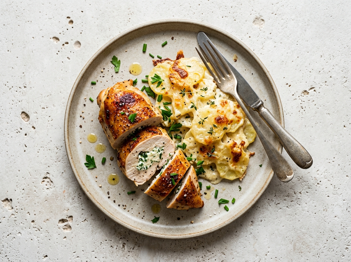 Gefüllte Hähnchenbrust mit Kartoffelgratin – Hauptgang
