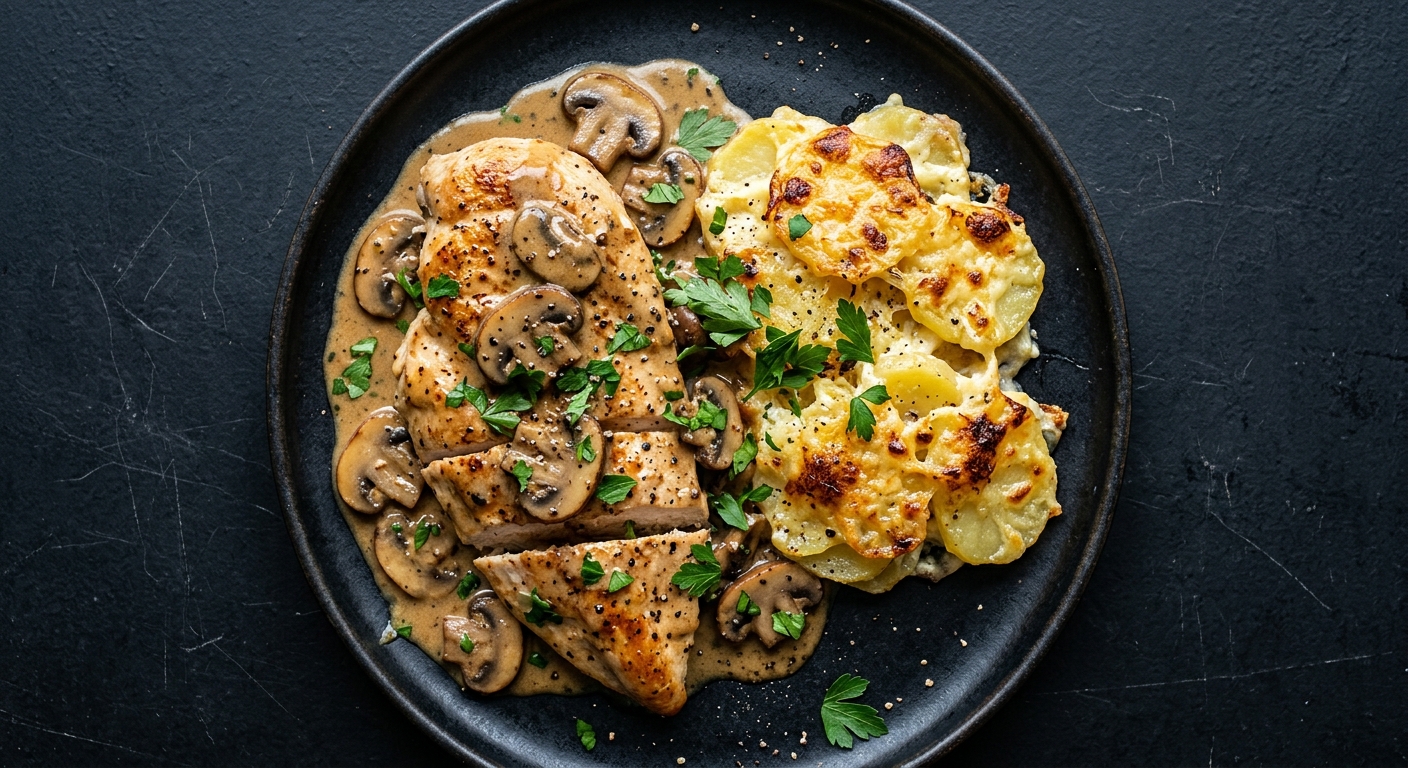 Hähnchenbrust in Rahmsauce mit Kartoffelgratin – Hauptgang