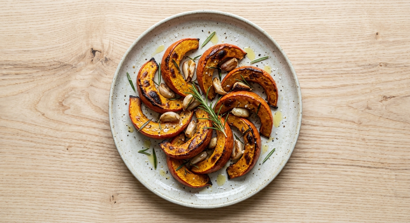 Ofenkürbis-Spalten mit Knoblauch und Rosmarin – Beilage