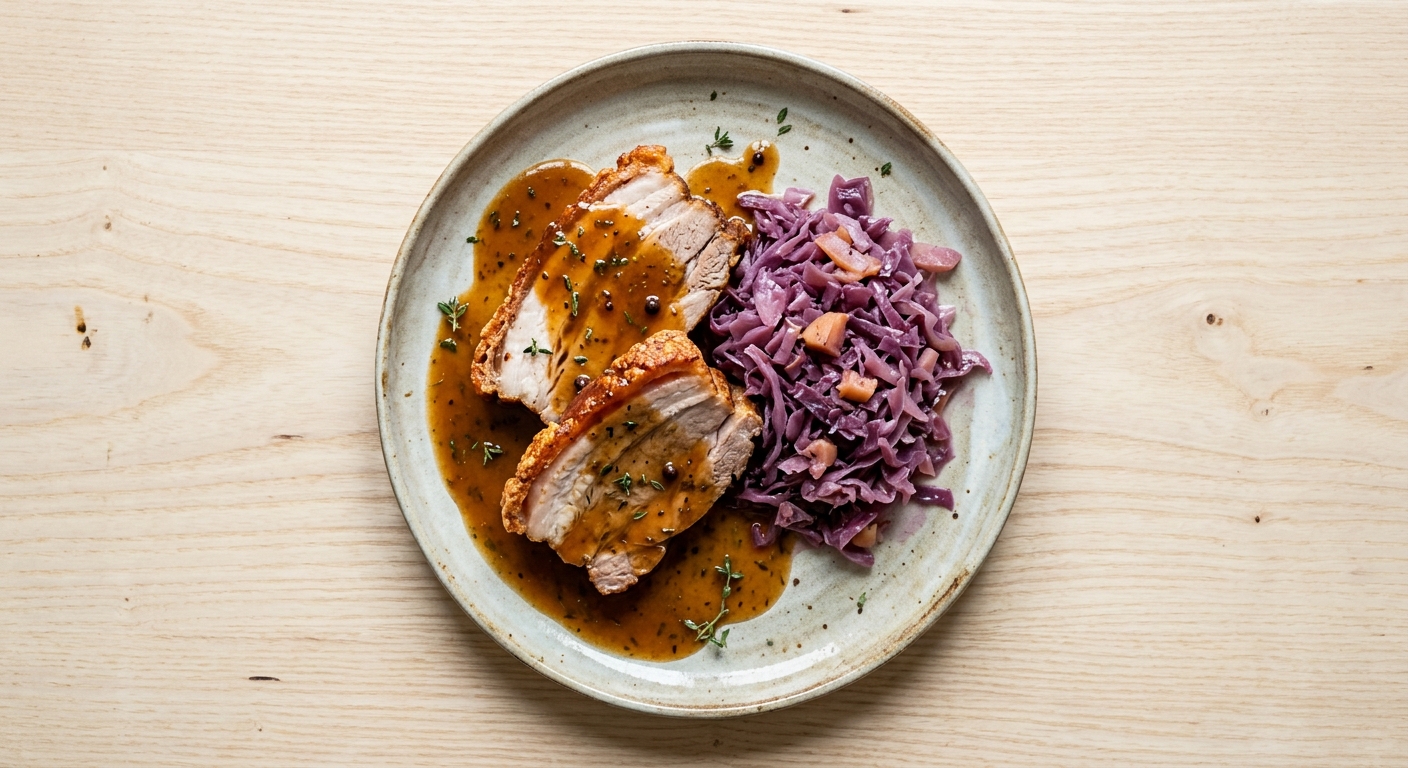 Schweinebraten mit Biersauce und Rotkohl – Hauptgang